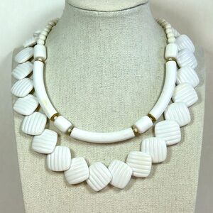 Lot of Two Vintage Lucite White Beaded MCM Necklaces AVON & Sarah Coventry